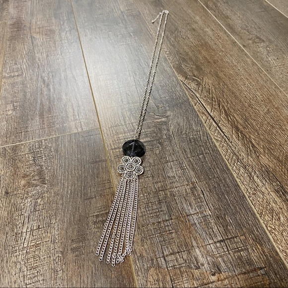 Long Dangle Flower Design Chain Tassel Necklace Silver Jewelry Black Jewel - Picture 1 of 5
